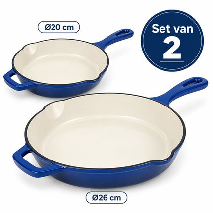 Hage - 2-Delig Koekenpannen - Gietijzeren Koekenpannen - Geëmailleerde Bakpannen - Inductie, Gas & Oven - Koekenpan voor Bakken, Braden & Stoven - Duurzaam & Gelijkmatige Warmteverdeling - Ø20 & 26 cm - Blauw