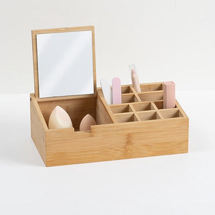 Make-up organizer 11 vakken met spiegel 24,5 x 8 cm van bamboe - Nagellak houder - Make-up houder - Organizers