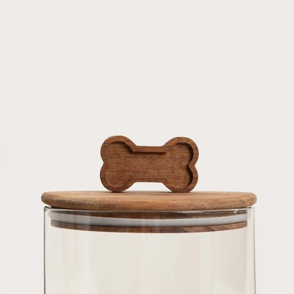 Homla - Animali Hondensnack Bewaarpot - Dierenvoer Voorraadpot - Glazen Snoepjespot voor Huisdieren - Voeropslag met Houten Deksel - 1.7 Liter - Glas en Hout - Ø13 x 21 cm - Transparant