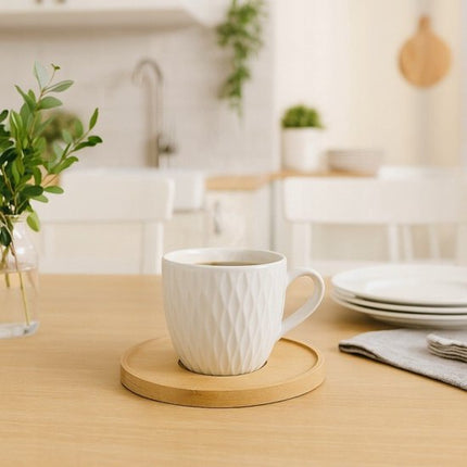 Koffieservies Set - Luxe Servies Set - Kop en Schotel Set - Koffiekopjes met Bamboe Schotels - Espresso Kopjes - voor 6 Personen - Porselein - 90ml - 6.3 x 5.5 x 8.5 cm - Crème