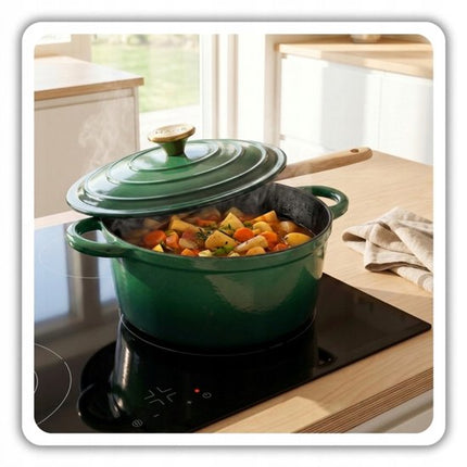 Hage - 3 Delig Braadpannenset - Gietijzeren Pannenset - Stoofpannenset - 3L, 4L en 5L met Deksel - Geëmailleerde Kookpannen - Ø22, Ø24 en Ø26 cm - Inductie - Oven - Warmtebehoud - Flesgroen