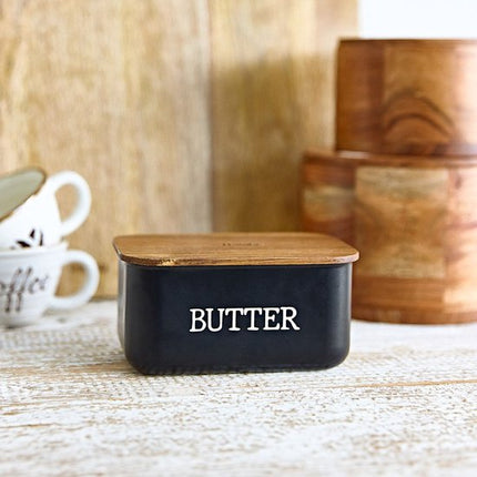 Homla - Avila Botervloot met Houten Deksel - Boterdoos Acacia Hout - Boter Bewaarbox Keuken - Stijlvolle Butter Dish - Boter Serveren & Bewaren - 0.73L - 15 x 10 x 7 cm - Zwart