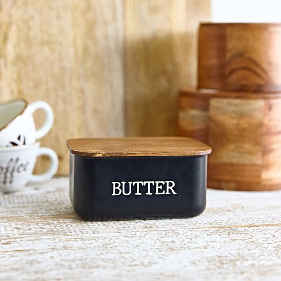 Homla - Avila Botervloot met Houten Deksel - Boterdoos Acacia Hout - Boter Bewaarbox Keuken - Stijlvolle Butter Dish - Boter Serveren & Bewaren - 0.73L - 15 x 10 x 7 cm - Zwart