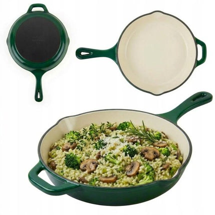 Hage - Gietijzeren Koekenpan - Geëmailleerde Bakpan met Hoge Rand - Inductie, Gas, Elektrisch & Ovenbestendig - Voor Bakken en Braden - Gelijkmatige Warmteverdeling - Ergonomisch Handvat - Ø26cm - Flesgroen