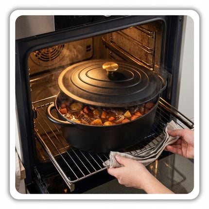 Hage - 2 Delige Set - Gietijzeren Braadpannenset - 2,85 L + 6 L - Geëmailleerde Braadpannen met Deksel - Ovenschalen voor Brood, Vlees en Ovenschotels - Inductie - Dutch Oven - Zwart