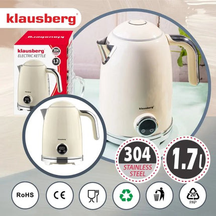 Klausberg - Elektrische Waterkoker & Broodrooster Set - 1.7L Waterkoker met LED Display & Temperatuurregeling 40-100°C - Retro 2-Sleuven Broodrooster 850W - 6 Bruiningsstanden - Ontdooien & Opwarmen - Beige