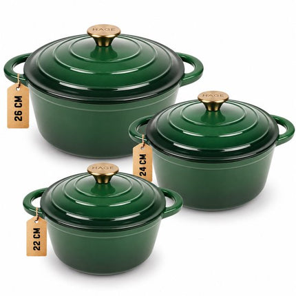 Hage - 3 Delig Braadpannenset - Gietijzeren Pannenset - Stoofpannenset - 3L, 4L en 5L met Deksel - Geëmailleerde Kookpannen - Ø22, Ø24 en Ø26 cm - Inductie - Oven - Warmtebehoud - Flesgroen