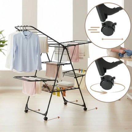 Kinghoff - KH-2046 - Wasrek - Stalen Droogrek - Kledingdroogrek met Kledinghangerrek - Inklapbaar met Wielen - 25 kg Draagvermogen - Meerdere Droogniveaus - Verrijdbaar - Vergrendelbare Zwenkwielen - voor Binnen en Buiten - 157x61x127cm - Zwart