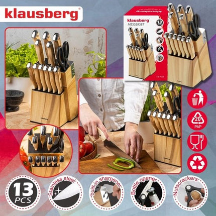 Klausberg - Messenset - 13-Delige - Keukenmessenset - 6 Steakmessen - RVS Keukenmessen - Inclusief Keukenschaar - Keukenaccessoires met Messenblok en Slijper - Houtlook