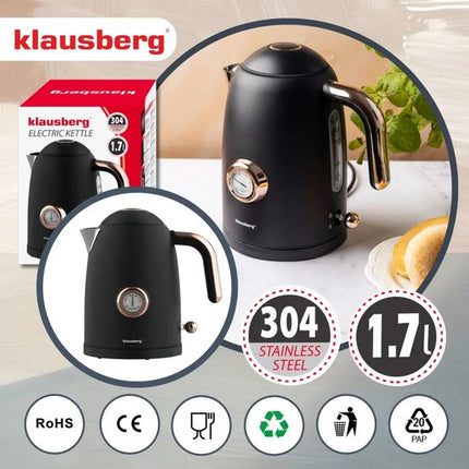 Klausberg - Waterkoker - Retro Waterkoker - Elektrische Waterkoker met Thermometer - Design Waterkoker met Rose Gold - Grote Waterkoker Keuken - Thee & Koffie Koker - 1.7L - RVS - 2200W - Zwart