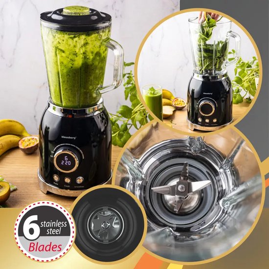 Klausberg - Blender - Smoothie Maker met LED Display - IJscrusher - Glazen Blender met 6 RVS Messen - Smoothie Blender met Timer - Keuken Blender 8 Snelheden - Crushed Ice Mixer - 1.5L - 600W - Zwart