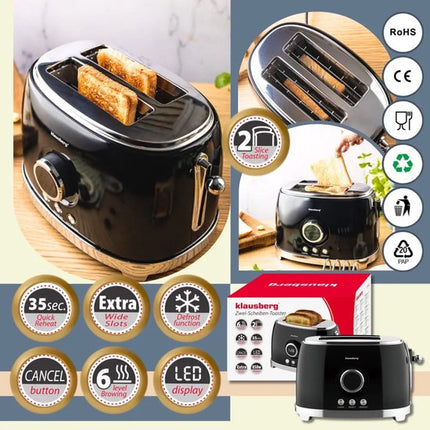 Klausberg - Broodrooster - Keuken Toaster - Toaster met LED Display en 6 Standen - Brede Sleuven Broodrooster - 2 Sneden - Retro Design - Ontdooifunctie & Opwarmfunctie - 850W - ca. 28.5 x 18.5 x 20 cm - Zwart