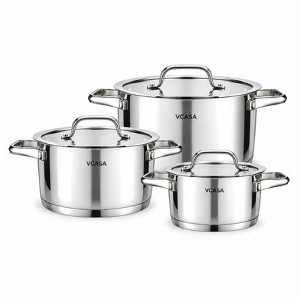 Vcasa pannenset 6-delig van rvs met glazen afgietdeksels, Ø16, Ø20 en Ø24 cm
