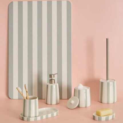 Zeepdispenser Keramiek Hoog - 17.3 cm Celadongroen – Stijlvolle Badkameraccessoire - Zeeppomp - Keramisch - Hervulbaar - Groene Strepen - Groen