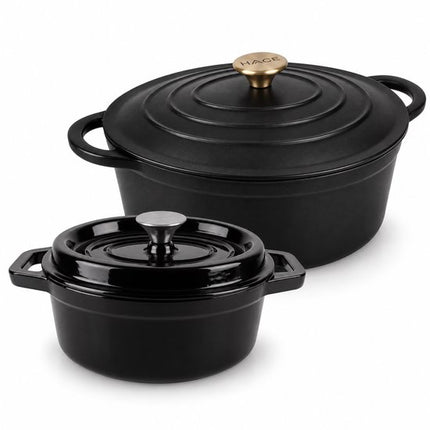 Hage - 2 Delige Set - Gietijzeren Braadpannenset - 2,85 L + 6 L - Geëmailleerde Braadpannen met Deksel - Ovenschalen voor Brood, Vlees en Ovenschotels - Inductie - Dutch Oven - Zwart