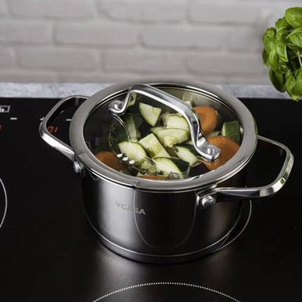 Vcasa kookpan 16 cm met glazen afgietdeksel en maataanduiding, 1,8 liter, rvs