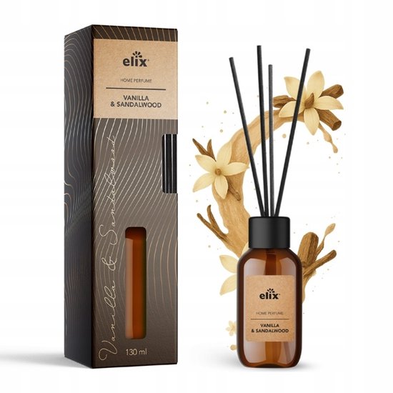 Elix - Geurstokjes Diffuser - Luchtverfrisser - Interieur Parfum - Reed Diffuser - Luxe Huisgeur 45 Dagen - Elegante Woonkamer, Slaapkamer & Kantoor Geur - 125ml - Vanilla Sandalwood