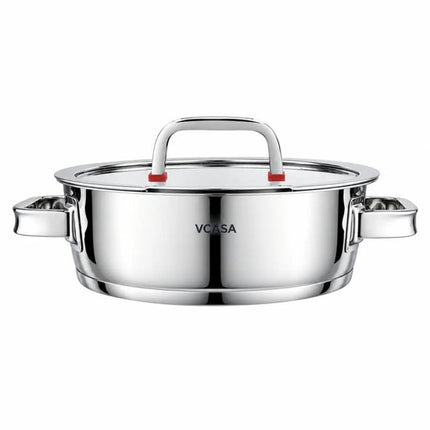 Vcasa lage rvs braadpan 24 cm met glazen afgietdeksel, 2,7 liter
