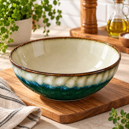 MPLCo - Keramische Kom - Serveerschaal - Ontbijtkom - Soepkom - Saladeschaal - Vaatwasserbestendig - Oven en Magnetron - Organische Vorm - Keramiek - 500 ml - Ø18 cm - Groen en Grijs