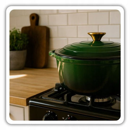 Hage - Braadpan - Geëmailleerde Gietijzeren Braadpan - Casserole - Geschikt voor Inductie, Gas & Oven - Inclusief Pannenonderzetter & Handgreepbeschermers - 3 Liter - Ø22 x 9.5 cm - Donkergroen