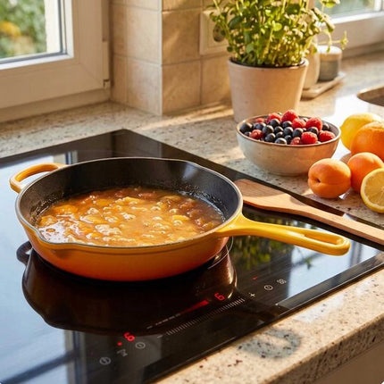 Hage - Pannenset - Keukenset - Gietijzeren Pannenset - 3 Delig - 4 L Kookpan met Deksel - 6 L Braadpan met Deksel - 26 cm Koekenpan - Geëmailleerd Gietijzer - Inductie - Oven - Mosterdgeel