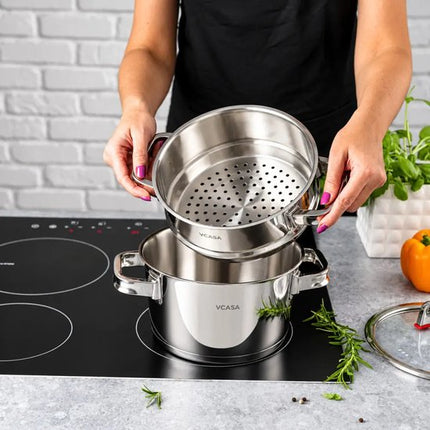 Vcasa 3-delige stoompan set 20 cm met glazen deksel, rvs