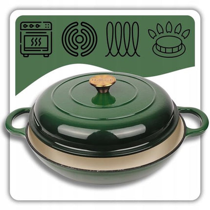 Hage - Braadpan - Geëmailleerde Gietijzeren Braadpan - Cast Iron Casserole - Geschikt voor Inductie, Gas & Oven - Inclusief Pannenonderzetter & Handgreepbeschermers - 3 Liters - Ø30 x 10.5 cm - Donkergroen