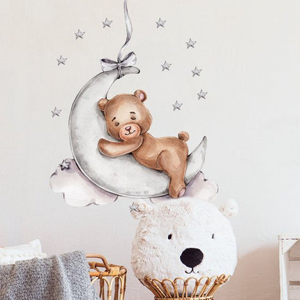 Sipo Wandsticker Beer op de Maan - Zelfklevende Ruimte Muurdecoratie voor Kinderkamer - 72x57 cm - Space Wandsticker met Sterren en Maan