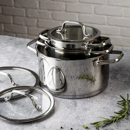 Vcasa pannenset 6-delig van rvs met glazen afgietdeksels, Ø16, Ø20 en Ø24 cm