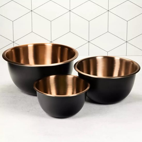 Klausberg KB7394 Roestvrijstalen Kommenset - 3-delige Set (1,6L, 3L & 5L) - Zwart Satin Met Koperen Binnenkant