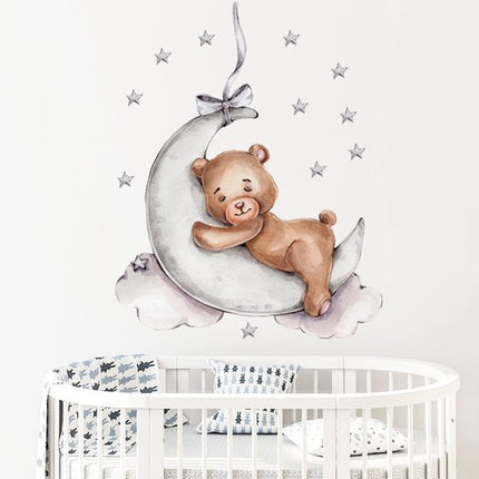 Sipo Wandsticker Beer op de Maan - Zelfklevende Ruimte Muurdecoratie voor Kinderkamer - 72x57 cm - Space Wandsticker met Sterren en Maan