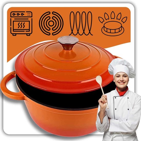 Hage - Kookpan - Gietijzeren Pot met Deksel - Geëmailleerd - Inductie & Oven Geschikt - Inclusief Mini Ovenhandschoenen & Onderzetter - Voor Braden, Stoven, Soep & Brood - 4 Liters - Ø24 cm - Oranje