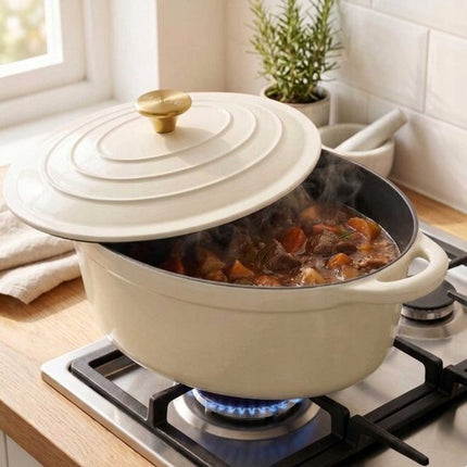 Hage - Gietijzeren Braadpan - Braadpan - Cast Iron Casserole met Deksel - Geëmailleerd - Geschikt voor Inductie & Oven - 6 Liter - 34 x 26 x 18 cm - Crème