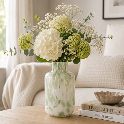 Glazen Vaas - Design Vaas - Decoratieve Bloemenvaas van Glas - Moderne Vaas voor Verse Bloemen en Droogbloemen - Ø 12 x 21 cm - Groen en Wit