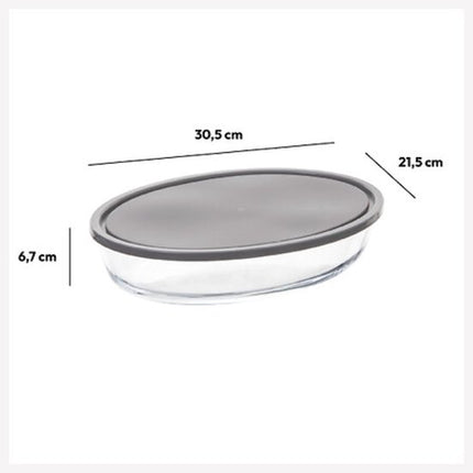 Glazen Ovenschaal Set - Set van 3 - Ovenschalen met Deksel - Magnetronbestendig - Voor Bakken, Bewaren en Opwarmen - Rechthoekige, Ovale en Ronde Bakschaal - Grijs & Transparant