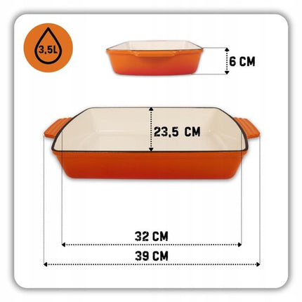 Hage - 3-Delig Keukenset - Ovenschaal 3,5 L - Gietijzeren Bakvorm met Emaille - Rechthoekige Braadschaal voor Oven - Vlees, Gebak en Ovenschotels - Stevige Bakschotel met Handgrepen - Gelijkmatige Warmteverdeling - Oranje