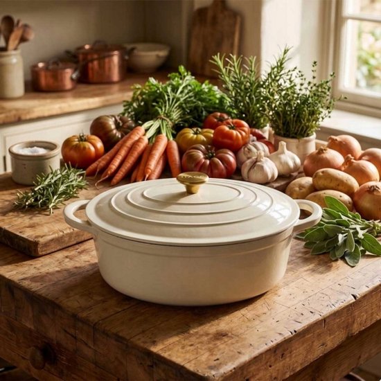 Hage - Gietijzeren Braadpan - Braadpan - Cast Iron Casserole met Deksel - Geëmailleerd - Geschikt voor Inductie & Oven - 6 Liter - 34 x 26 x 18 cm - Crème
