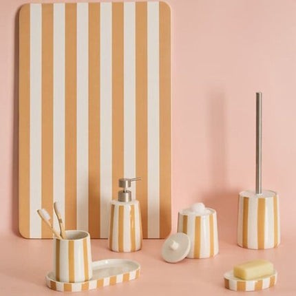 Zeepdispenser Keramiek Tarwe - 17.3 cm – Badkamer & Keuken Accessoire – Geel - Zeeppomp - Hervulbaar - Gele Strepen - Keramisch