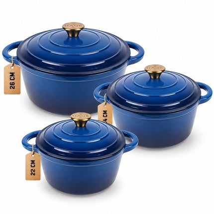Hage - 3 Delig Braadpannenset - Gietijzeren Pannenset - Stoofpannenset - 3L, 4L en 5L met Deksel - Geëmailleerde Kookpannen - Ø22, Ø24 en Ø26 cm - Inductie - Oven - Warmtebehoud- Blauw