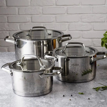 Vcasa pannenset 6-delig van rvs met glazen afgietdeksels, Ø16, Ø20 en Ø24 cm