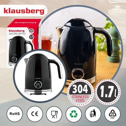 Klausberg - Waterkoker - Elektrische Waterkoker - Waterkoker - Thee Waterkoker met Thermometer - Warmhoudfunctie - RVS - 1.7L - 2200W - Zwart