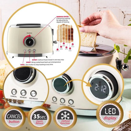 Klausberg - Elektrische Waterkoker & Broodrooster Set - 1.7L Waterkoker met LED Display & Temperatuurregeling 40-100°C - Retro 2-Sleuven Broodrooster 850W - 6 Bruiningsstanden - Ontdooien & Opwarmen - Beige