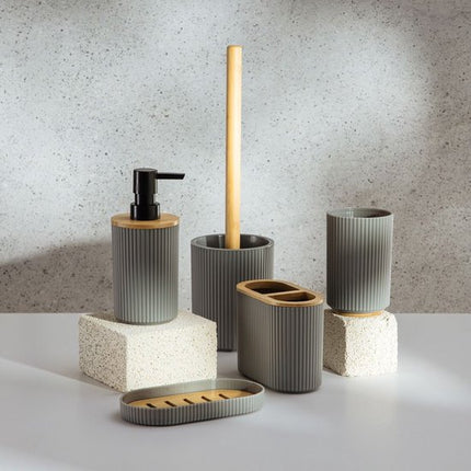 Homla - Loreto Badkameraccessoireset - Badkamer Accessoire Set - 5 Delig - Complete Badkamer Set met Bamboe - Zeepdispenser - Tandenborstelhouder - WC Borstel - Moderne Badkamer Accessoires - Grijs