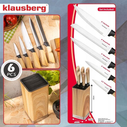 Klausberg - Messenset - 6 Delige - Keukenmessenset - 5 RVS Keukenmessen - Messenhouder - Professionele Koksmessen - Keukenaccessoires met Messenblok - Houtlook