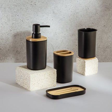 Homla - Tula Badkameraccessoiresset - 4 Delig Badkamer Accessoires Set - Badkamerset - Moderne Badkamer Accessoires - Zeeppompje met Bamboe - Badkamerbeker - Tandenborstelhouder - Zeepbakje - Zwart