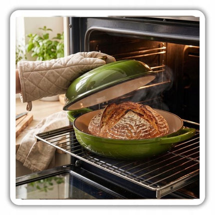 Hage - Gietijzeren Broodpan - Geëmailleerde Bakpan met Deksel - Voor Zelfgebakken Brood & Ovenschotels - Inductie, Gas & Ovenbestendig - Inclusief Pannenhouder & Handbeschermers - 2L - Ø26 x 16.5 cm - Olijfgroen