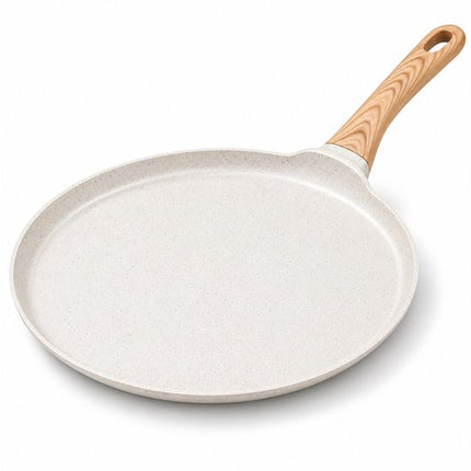 Hakal Crêpepan Ø24 cm – Pannenkoekenpan met Anti-aanbaklaag – Lage Rand – Houtlook Handgreep – Crème/Wit