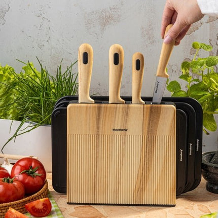 Klausberg - Messenset - 8 Delig - Keukenmessenset - Messenblok met 4 RVS Messen - 3 Snijplanken - Keuken Accessoires met Snijplanken en Houder - Zwart en Natuurlijke Kleur