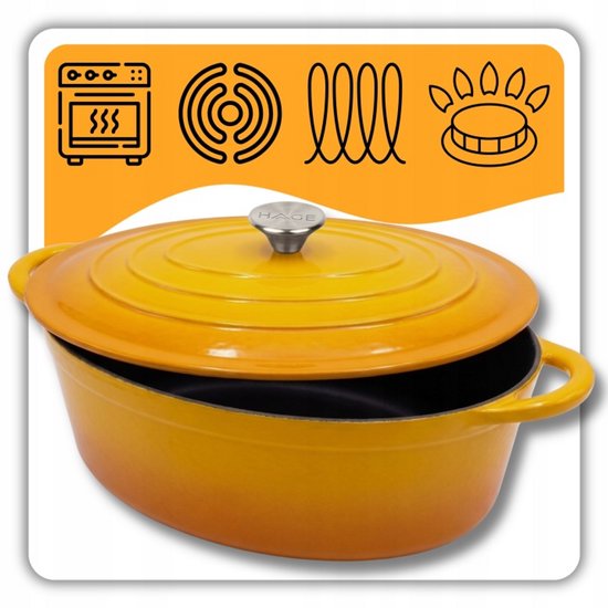 Hage - Gietijzeren Braadpan - Braadpan - Cast Iron Casserole met Deksel - Geëmailleerd - Geschikt voor Inductie & Oven - 6 Liter - 34 x 26 x 18 cm - Mosterdgeel