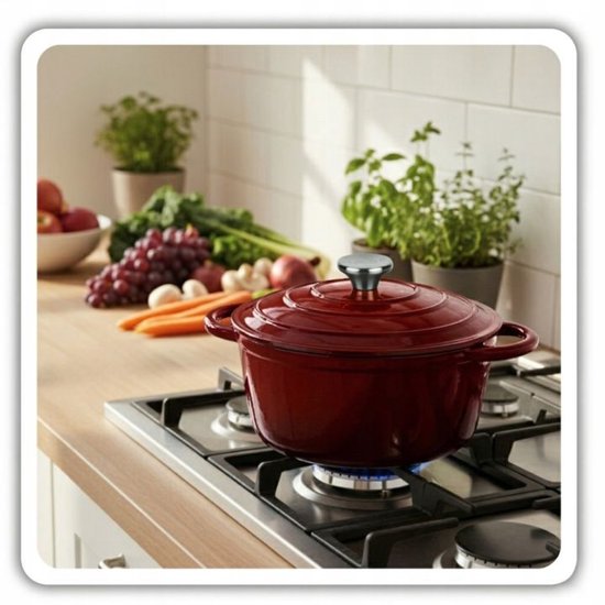 Hage - Braadpan - Geëmailleerde Gietijzeren Braadpan - Casserole - Geschikt voor Inductie, Gas & Oven - Inclusief Pannenonderzetter & Handgreepbeschermers - 3 Liter - Ø22 x 9.5 cm - Rood
